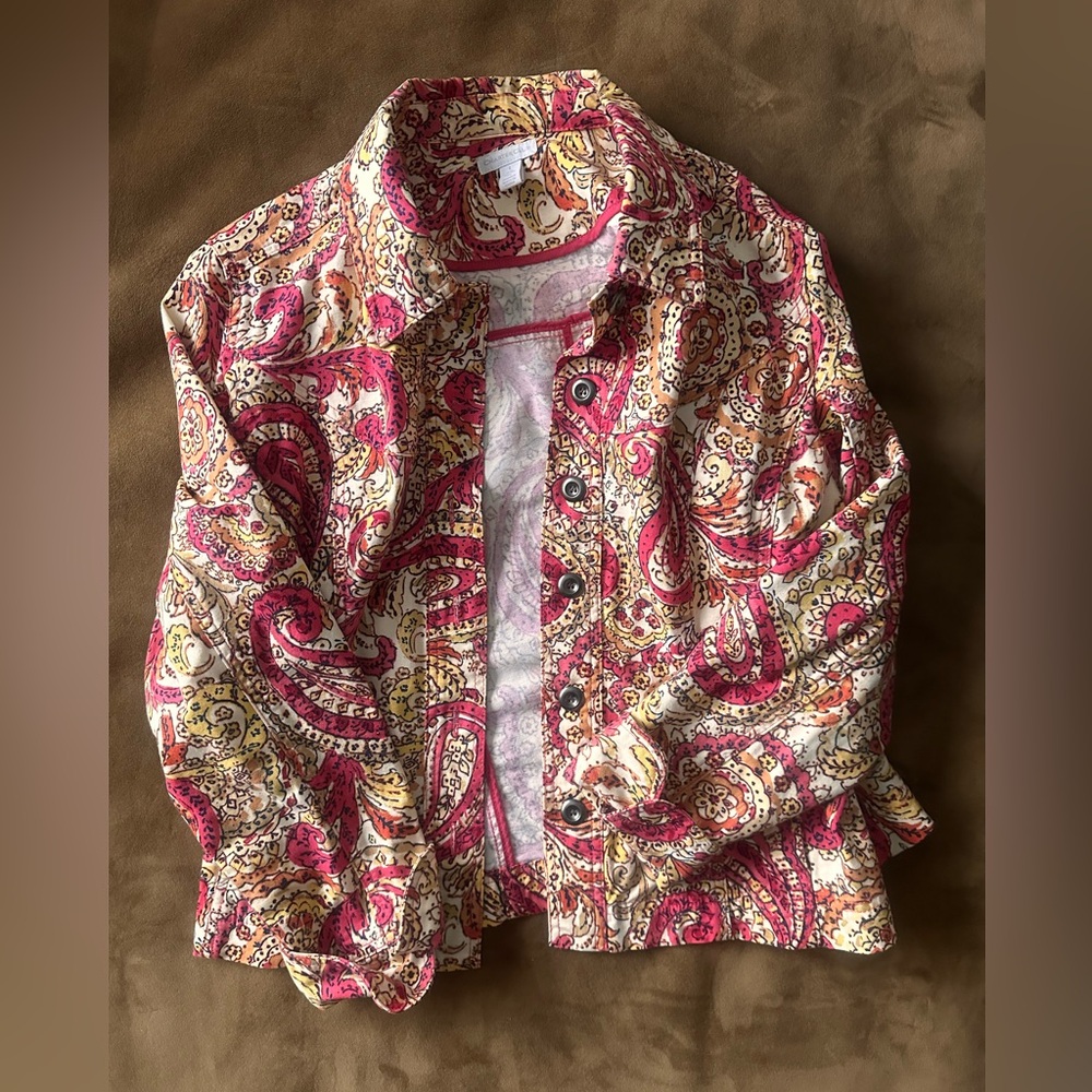 Charter Club Paisley Button-Up Jean Jacket in Pink & Cream